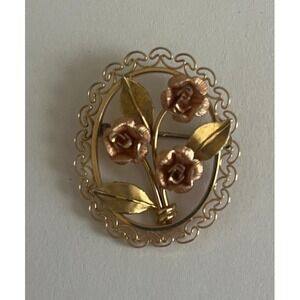 Krementz Vintage Rose Gold Tone Floral Oval Brooch Scalloped Border Pin 1"